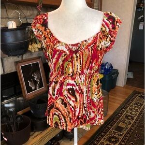AGB PETITE MEDIUM MULTICOLORED FALL COLORS CAP SLEEVE ABSTRACT PAISLEY PRINT